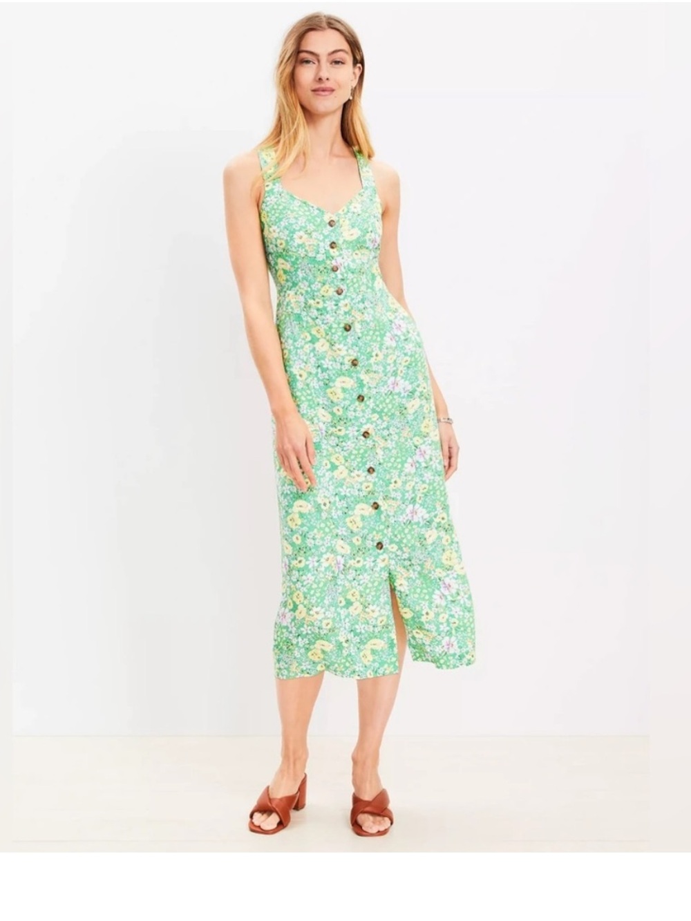 Loft Green Floral Ditst Button Front Midi Sundress Size 8